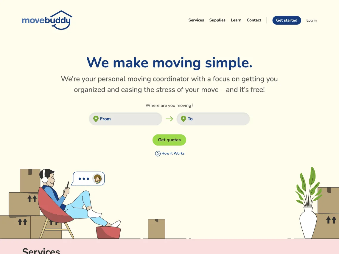 The original Movebuddy homepage: a generic 'We make moving simple' headline with a from/to address form and no clear next step.