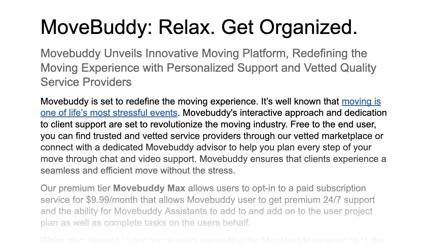 Movebuddy press release sample, headlined 'MoveBuddy: Relax. Get Organized.'